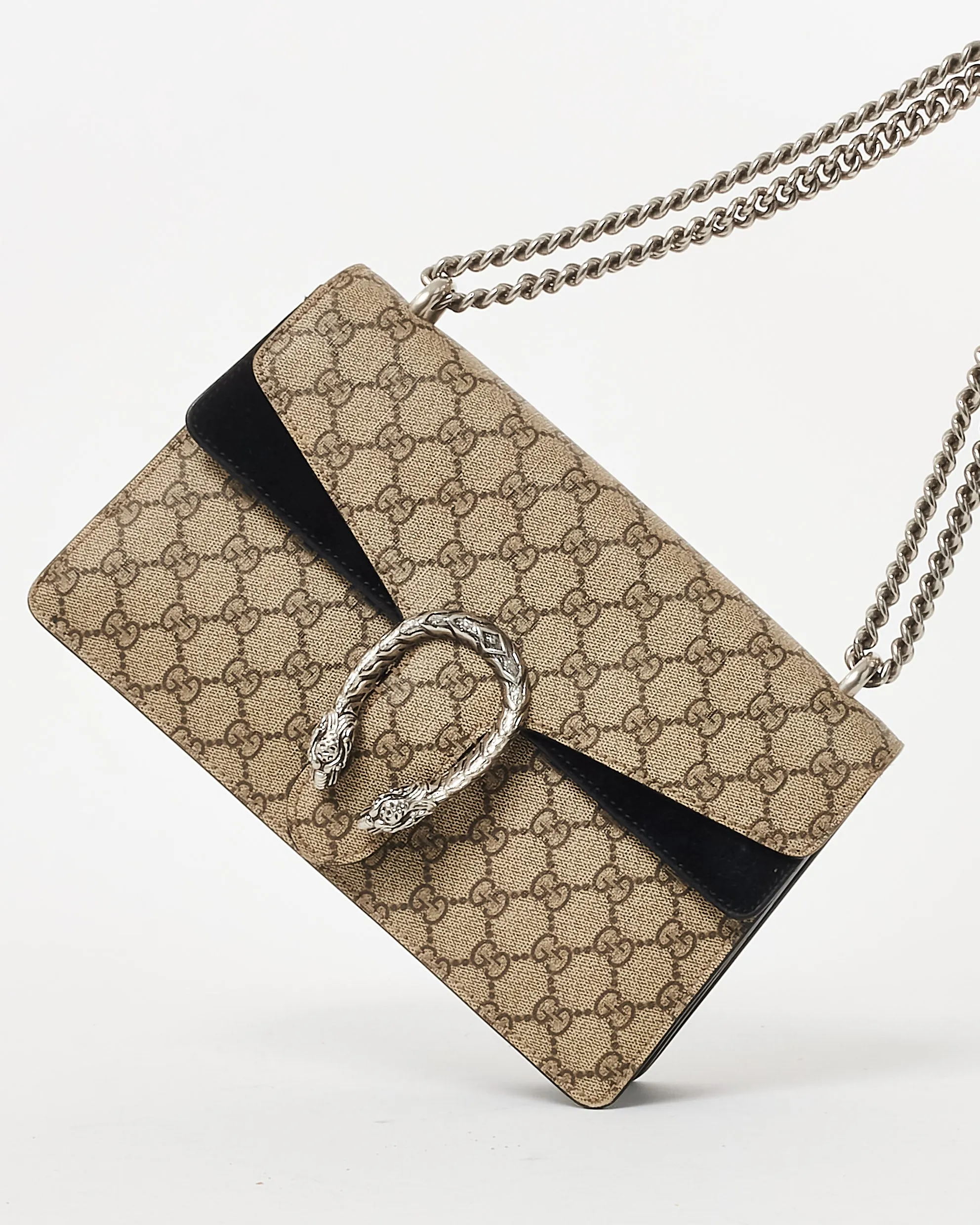 Gucci Monogram Coated Canvas & Black Suede Small Dionysus Shoulder Bag