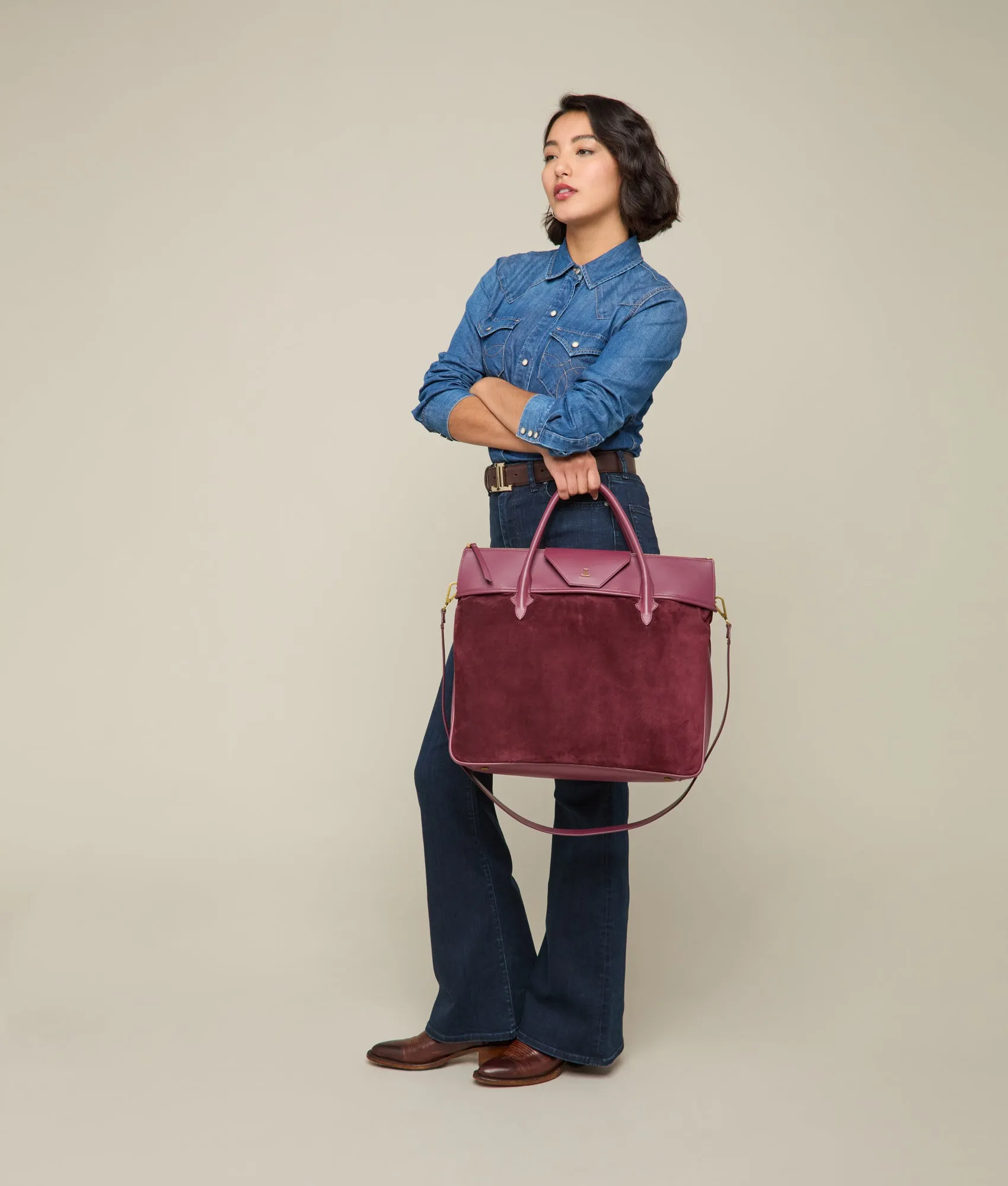 Large Roma Suede Tote :: Eggplant