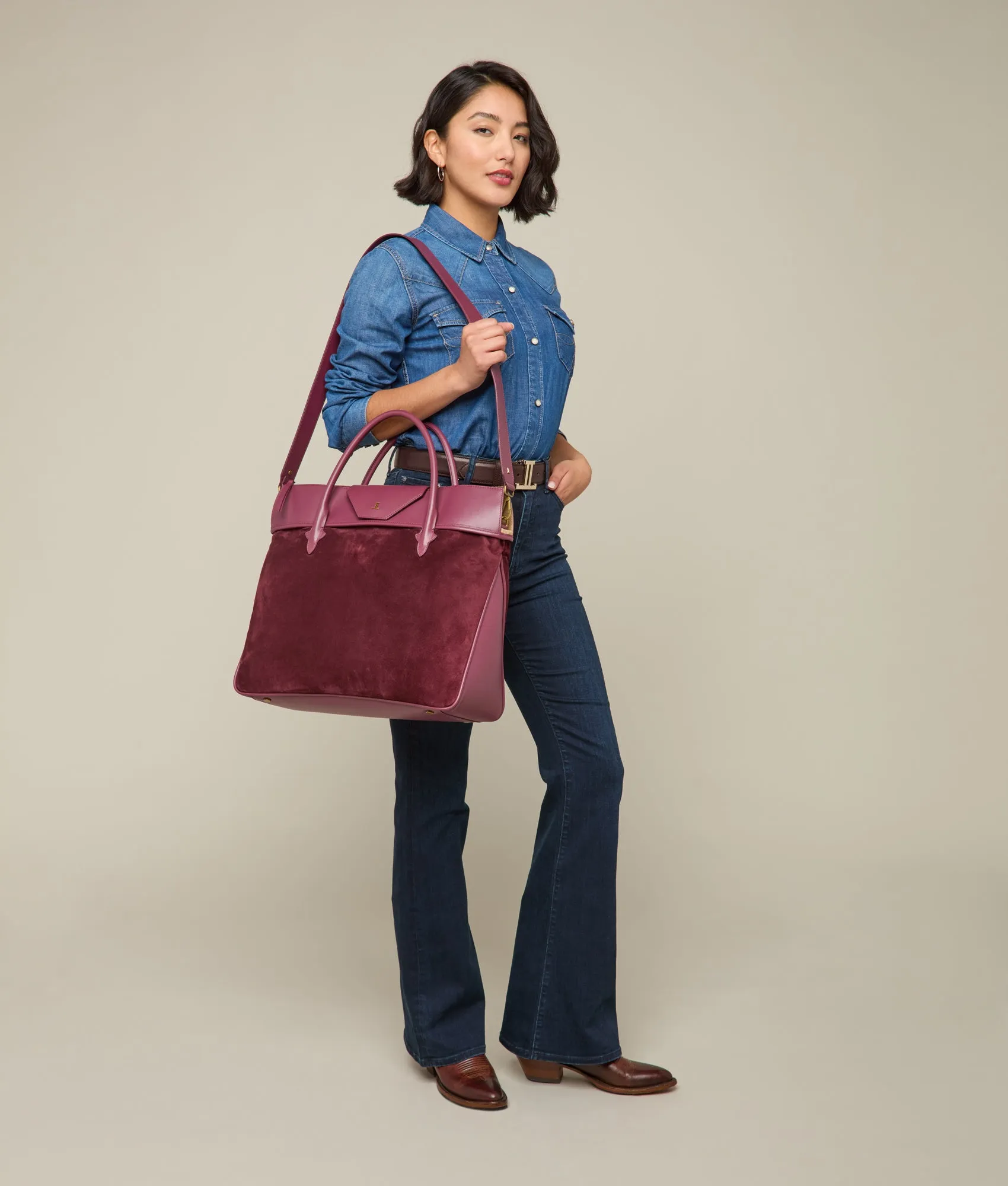 Large Roma Suede Tote :: Eggplant