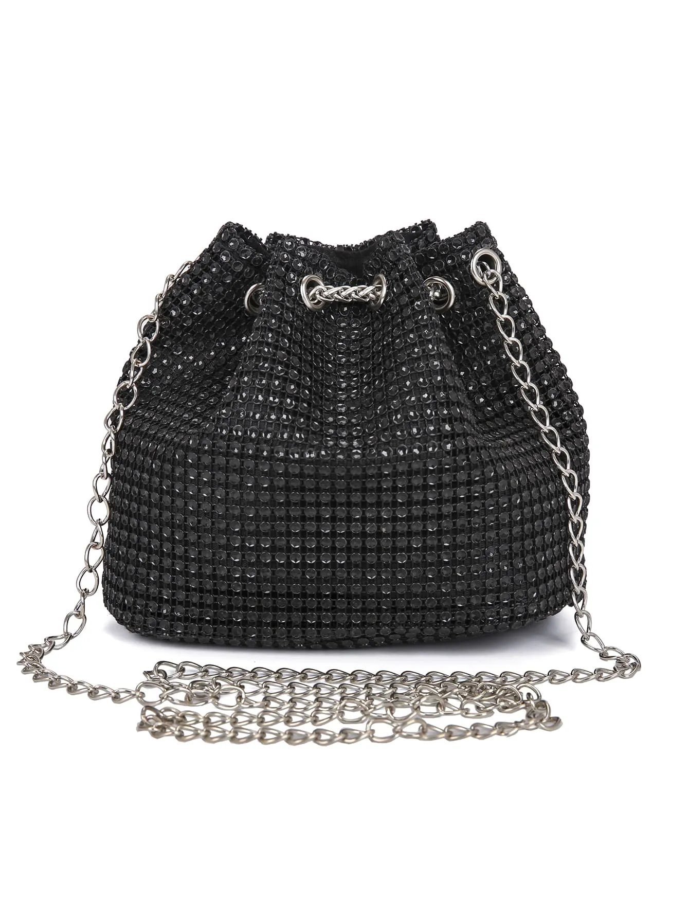 Mini Metal Chain Rhinestone Decorated Evening Bag - Black