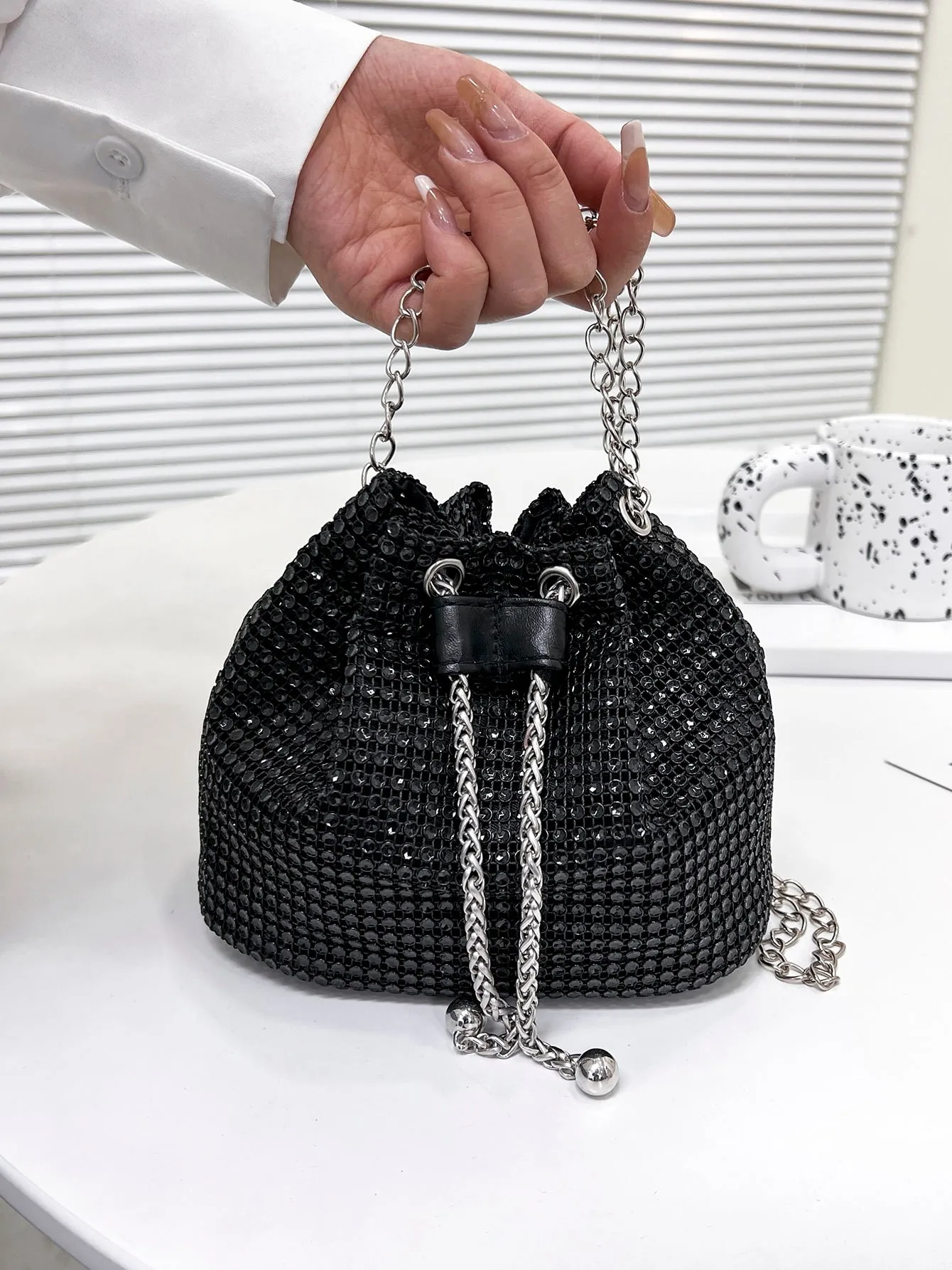 Mini Metal Chain Rhinestone Decorated Evening Bag - Black