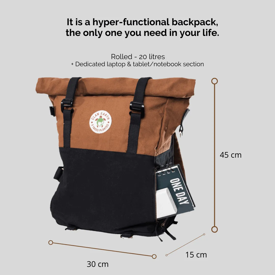 Pangolin Backpack - Sustainable Eco Canvas Hyper-Functional Rolltop Travel Backpack