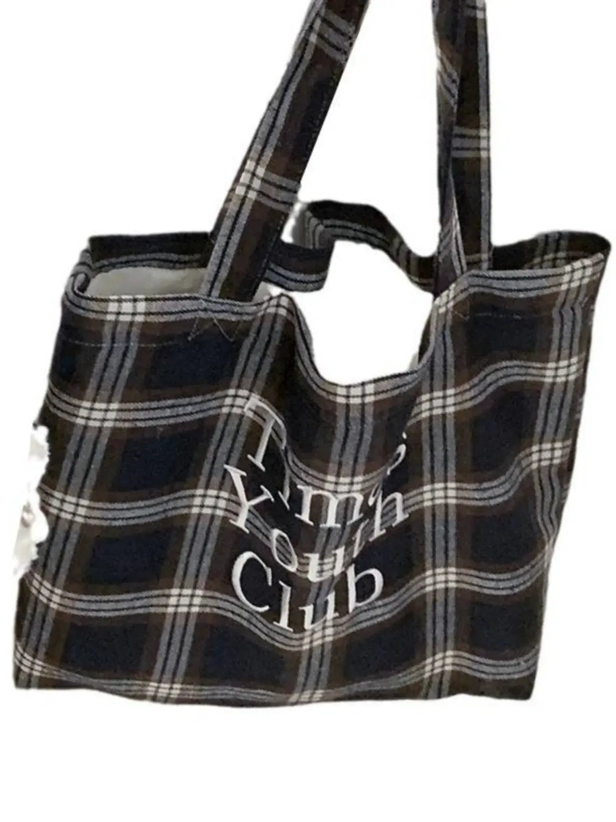 Plaid Print Text Design Tote Bag