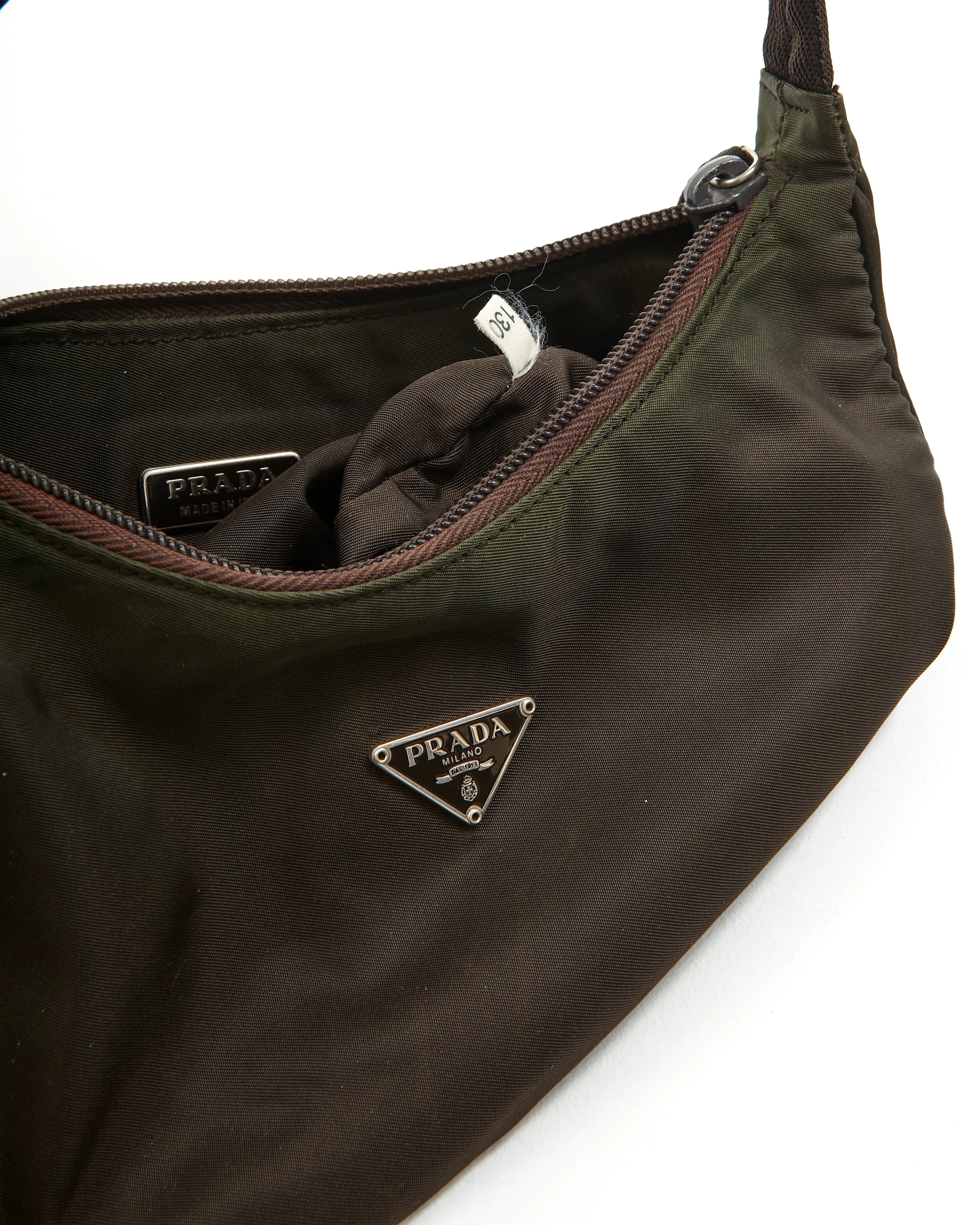 Prada Khaki Nylon Tessuto Mini Hobo Shoulder Bag