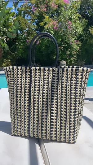 Recycled ♻️ Plastic Ivory Black Large Tote  Repurposed Leather