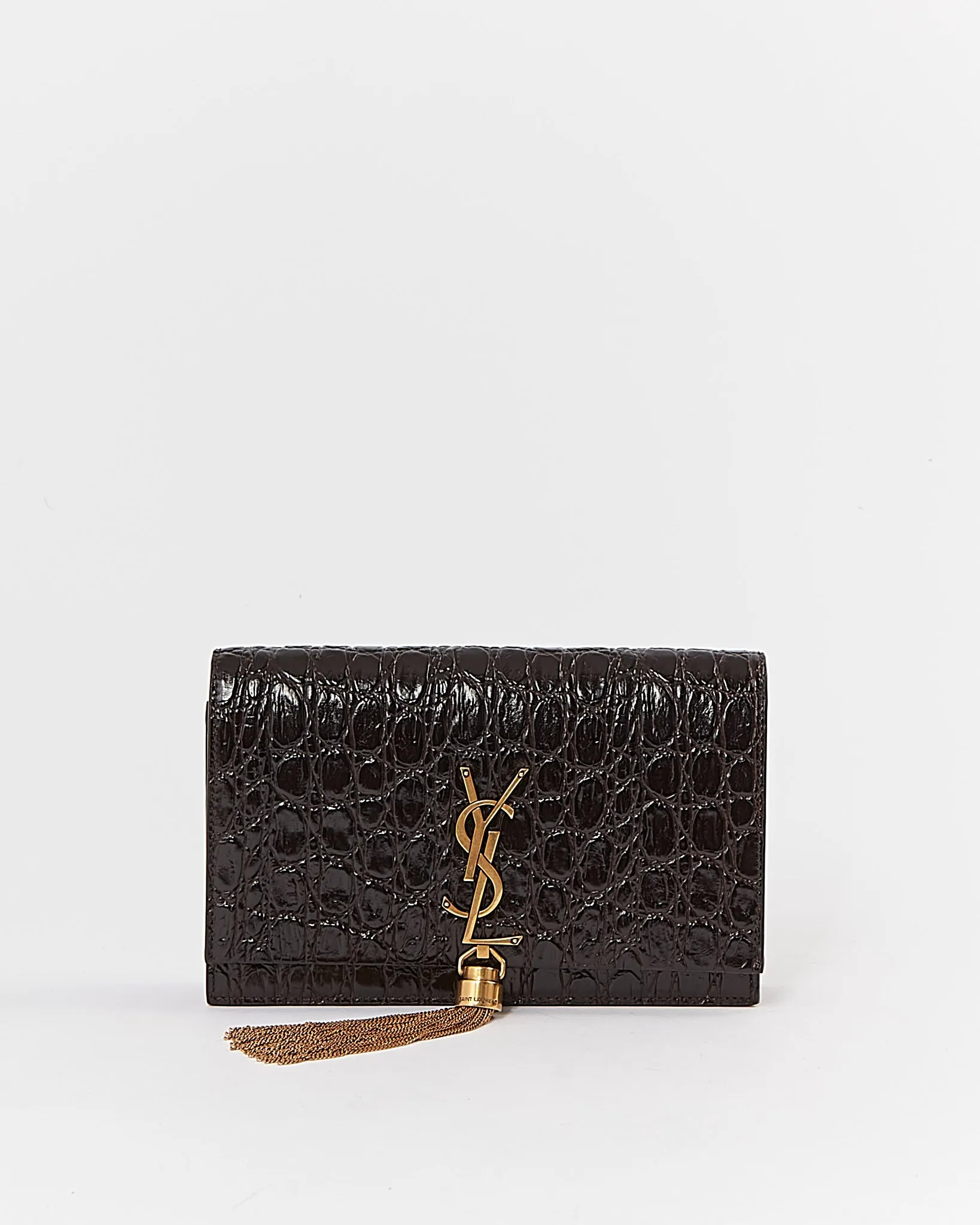 Saint Laurent Dark Maroon Croc Embossed Leather Tassel Logo Wallet on Chain