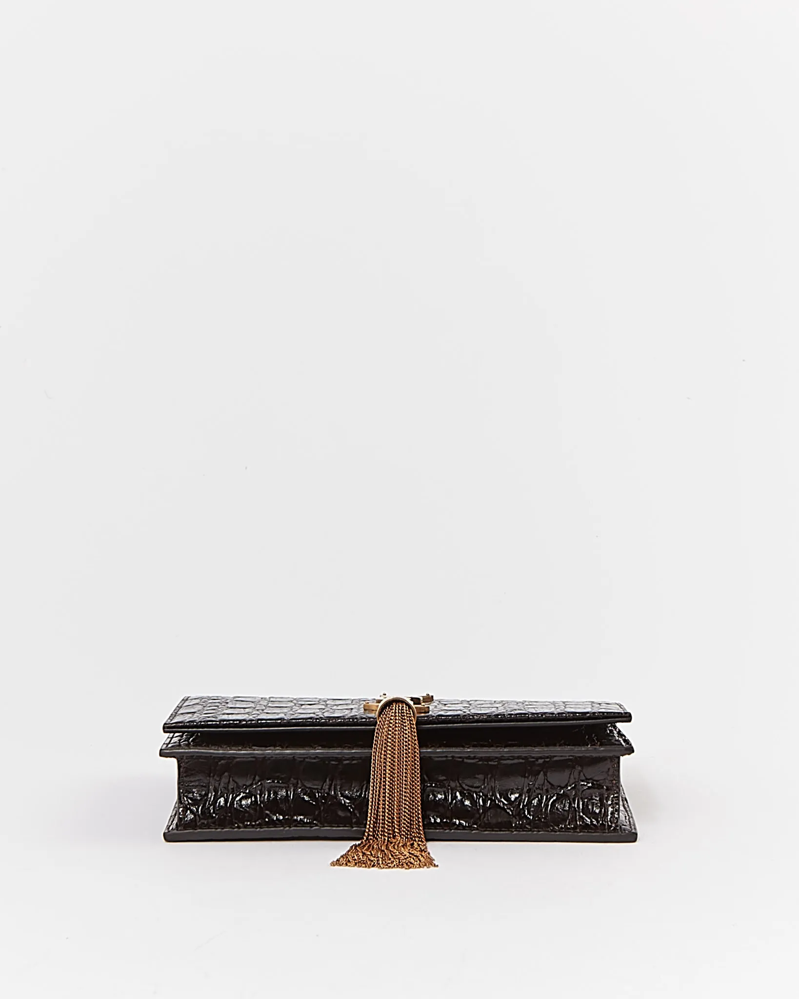 Saint Laurent Dark Maroon Croc Embossed Leather Tassel Logo Wallet on Chain