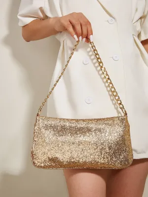 Sequin Decor Chain Square Bag - Gold- FD ⚡