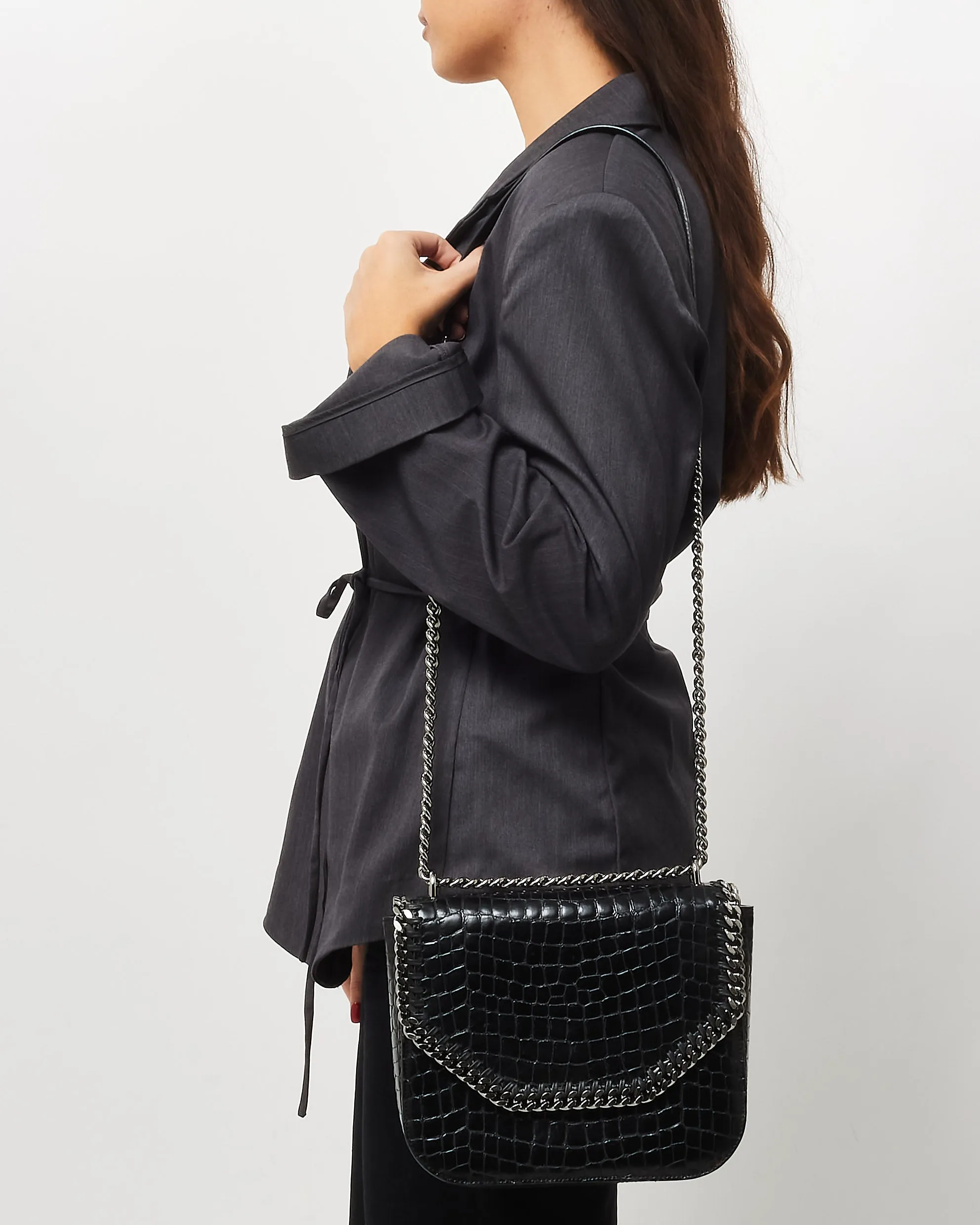 Stella McCartney  Black Croc Embossed Faux Leather Box Falabella Crossbody Bag